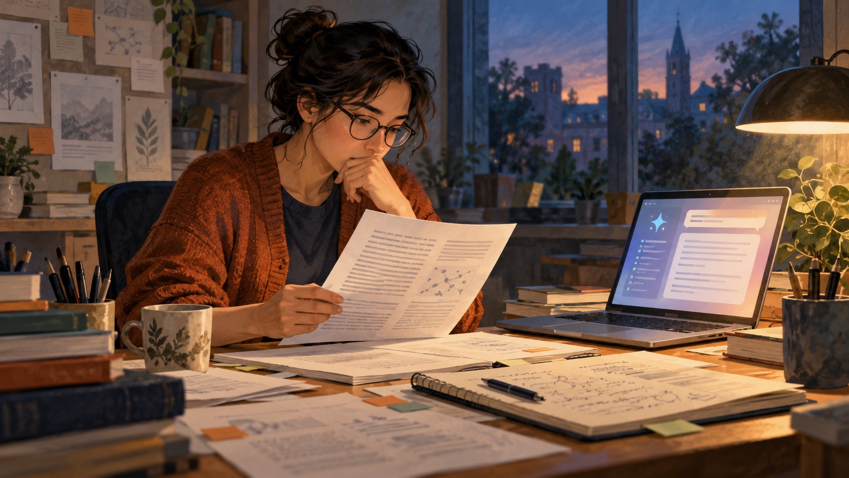 Researcher reviewing a dissertation abstract beside a computer, representing analysis of AI-detector classifications.