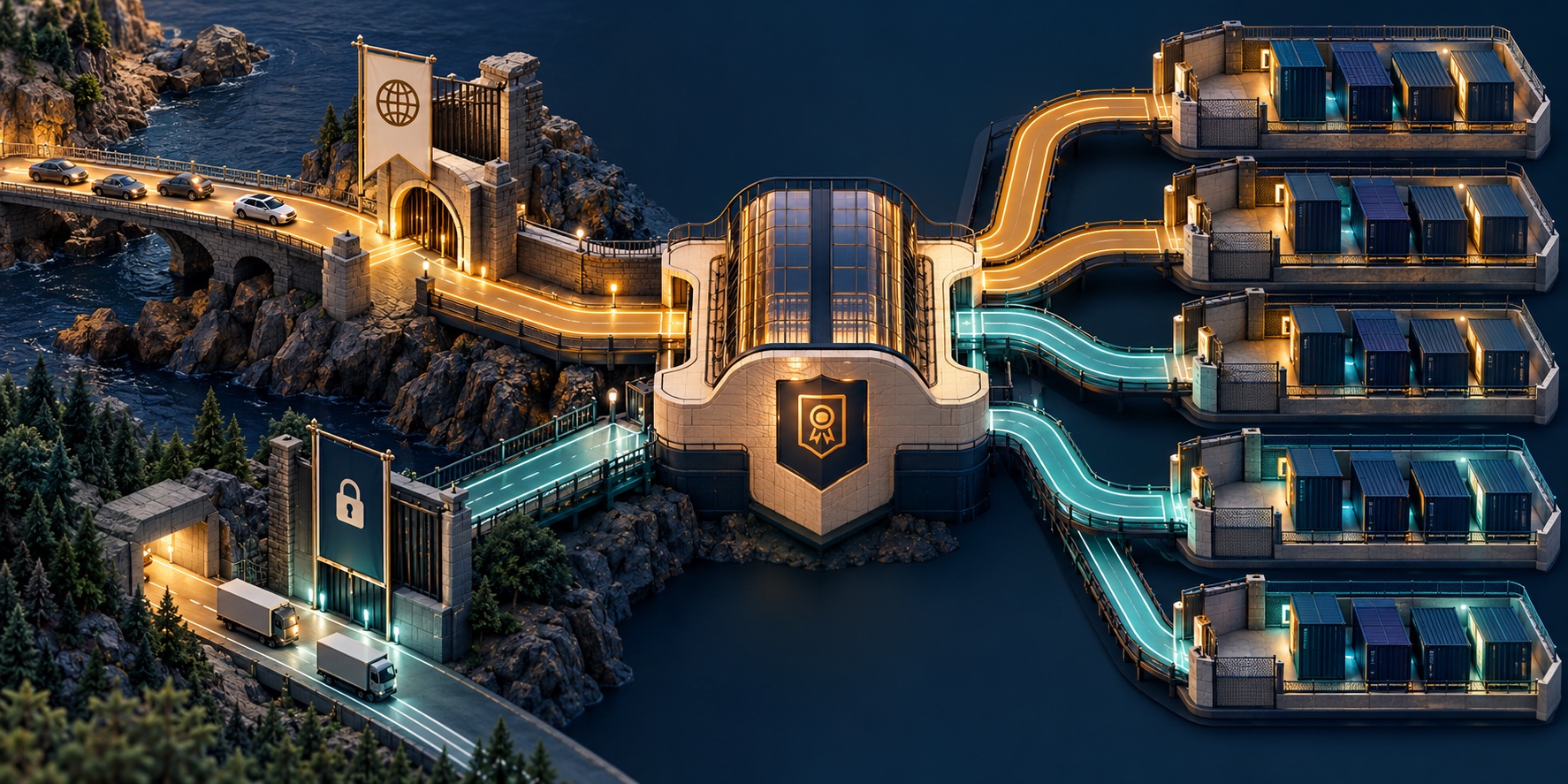 Several container services pass through shared ingress infrastructure with separate traffic routes and security boundaries.