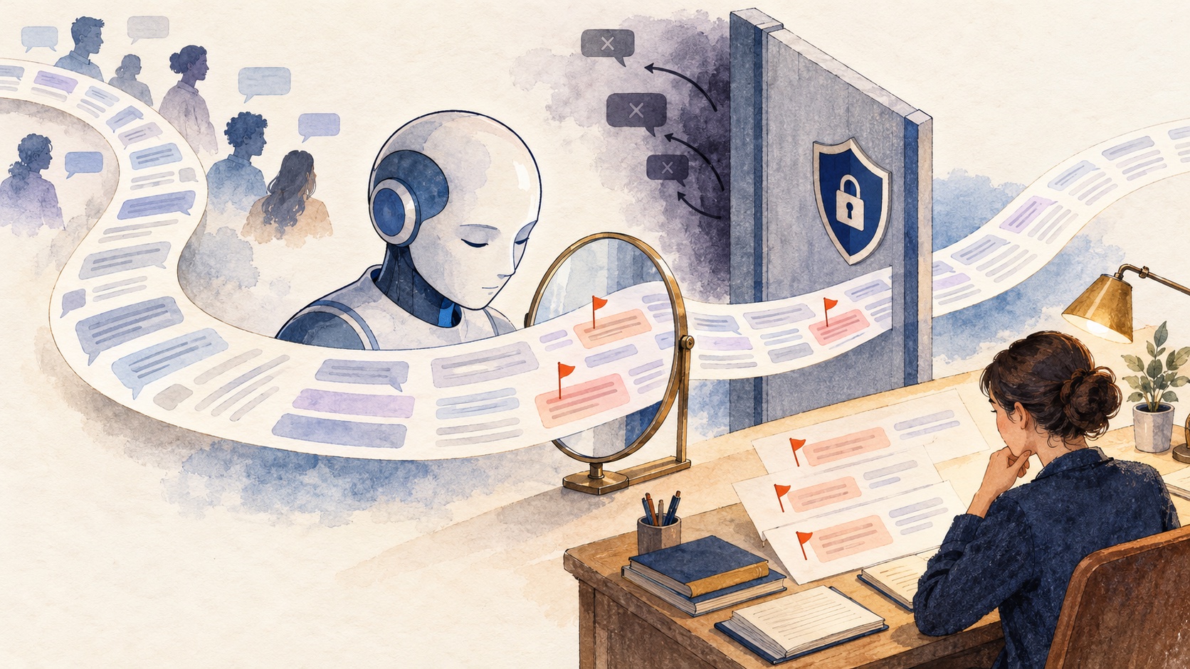 A conversation ribbon passes through a model’s reflective mirror and into a human analyst’s review.