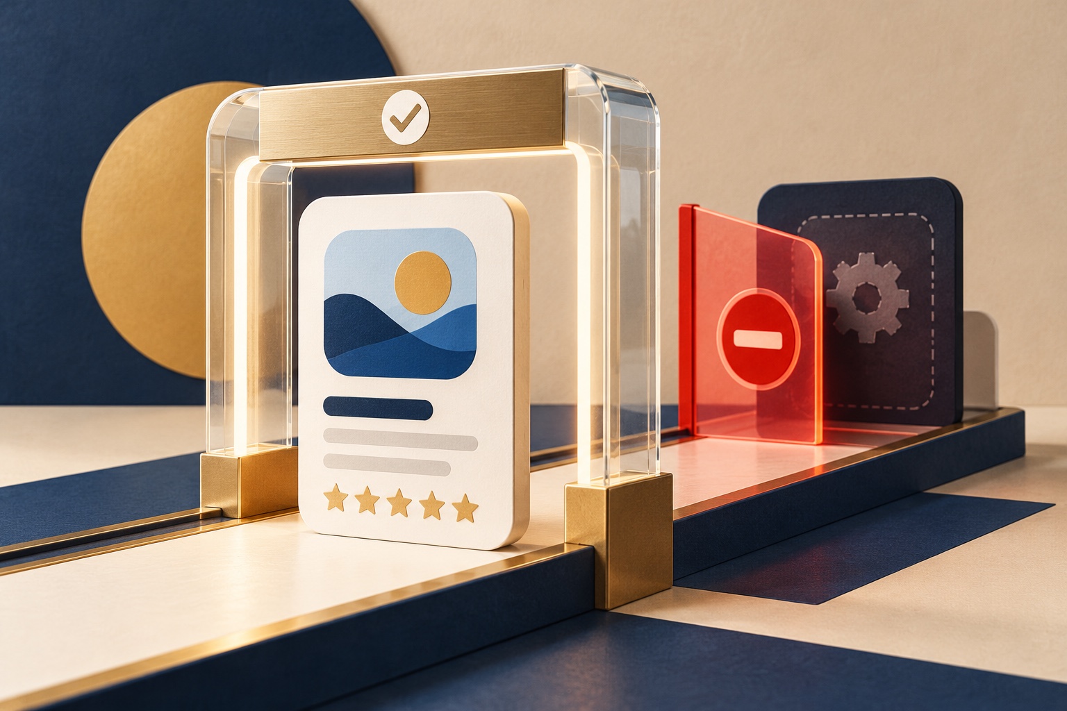 A generic app card passes a review arch while a concealed feature is stopped behind a translucent barrier.
