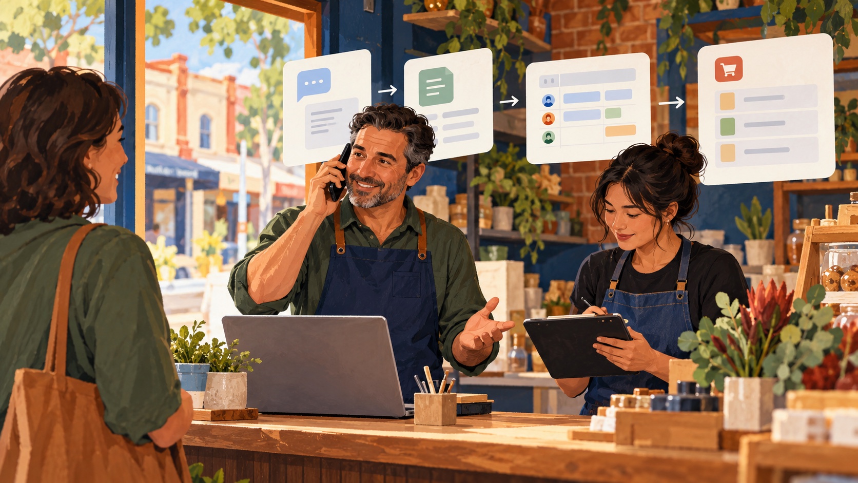 A small business owner and employee review a customer quote, roster and order workflow with an AI assistant.