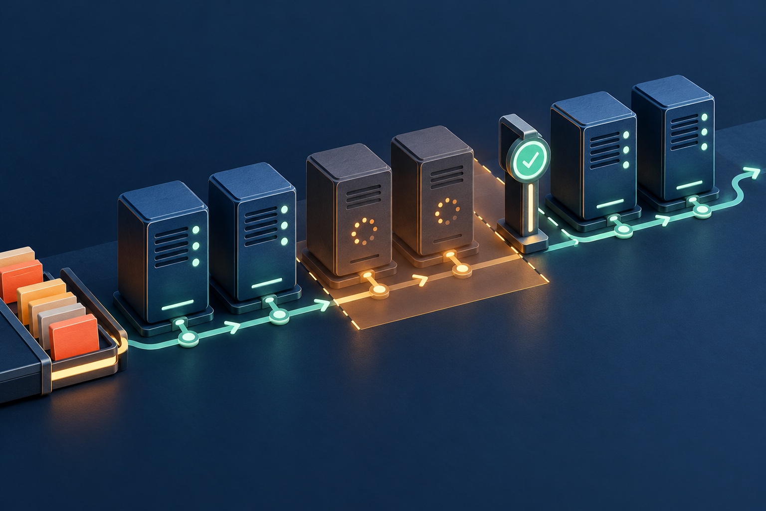 A fleet of application servers is restarted in controlled waves with a health signal gating the next group.