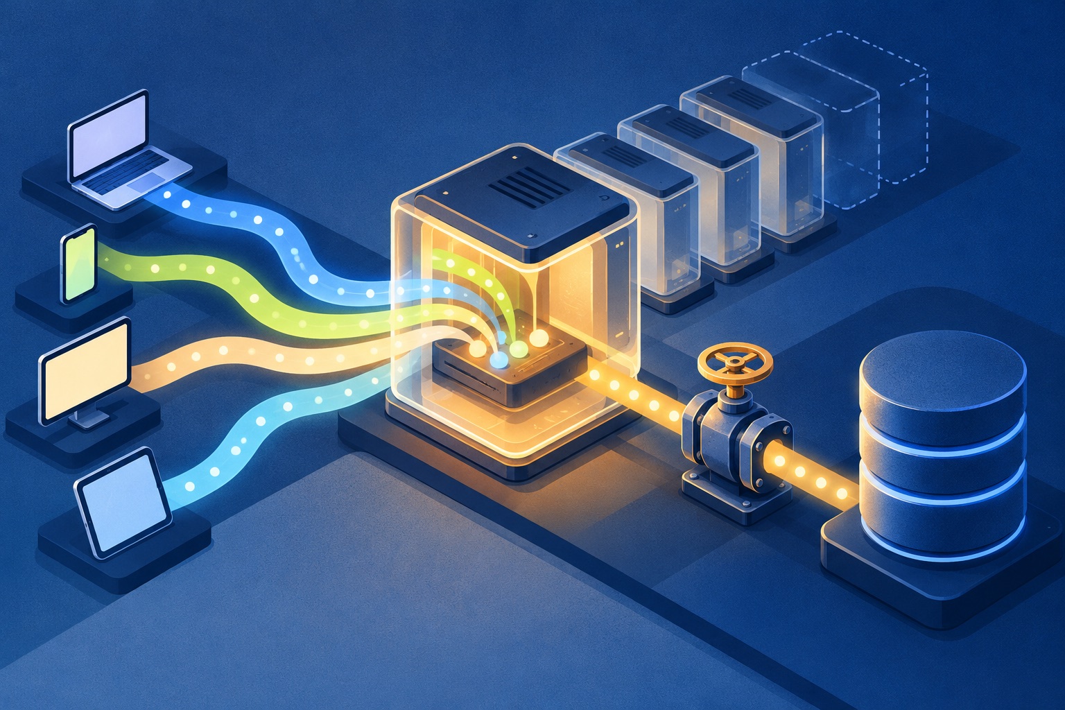 One warm serverless environment handles several web requests while scaling controls protect downstream services.