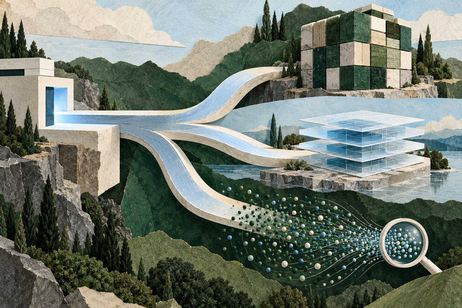 A Vercel-style deployment track connects to three distinct storage destinations: objects, analytics tables and vectors.