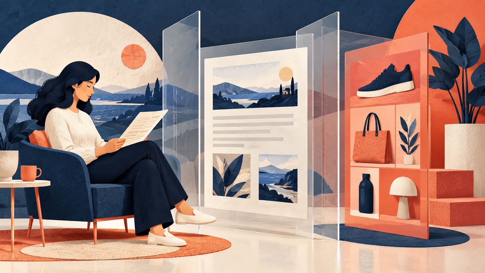 A conceptual balance between a reader, useful content and relevant commercial messages behind clear privacy boundaries.
