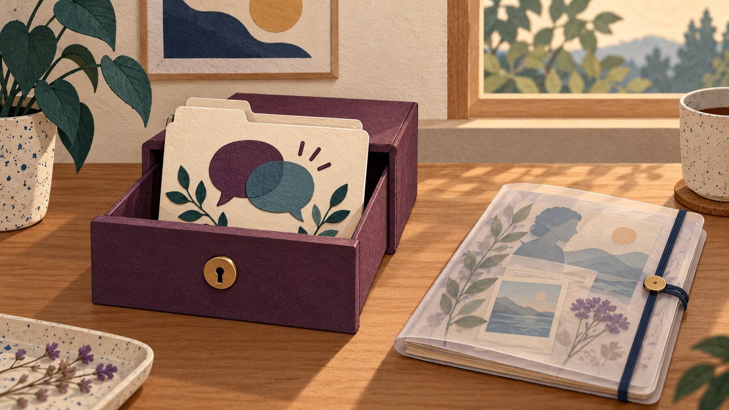 A conversation folder sits inside a small lockable drawer while a separate memory notebook remains outside.