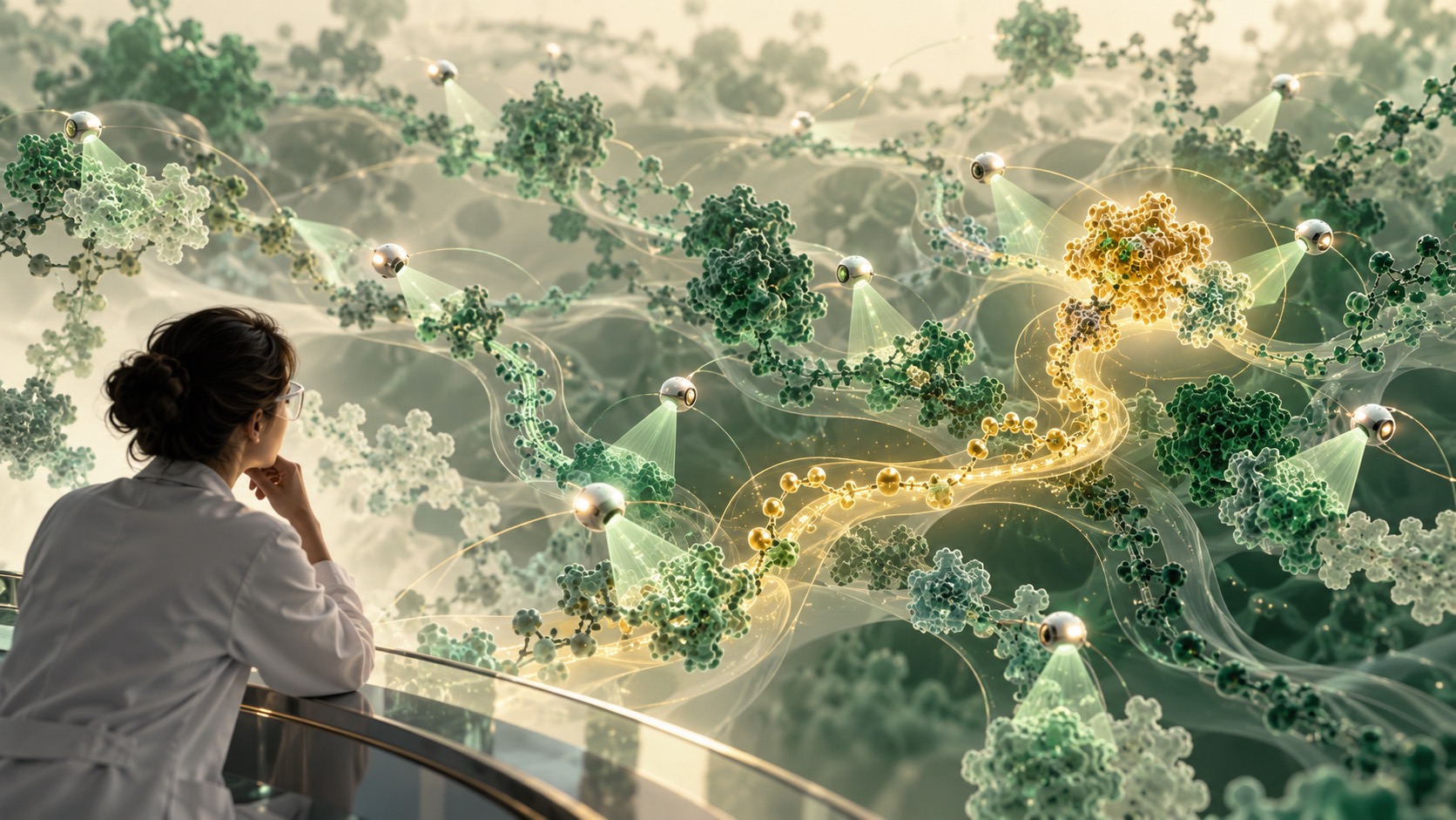 Conceptual scientific illustration of parallel agents exploring molecular pathways in a large biological dataset.