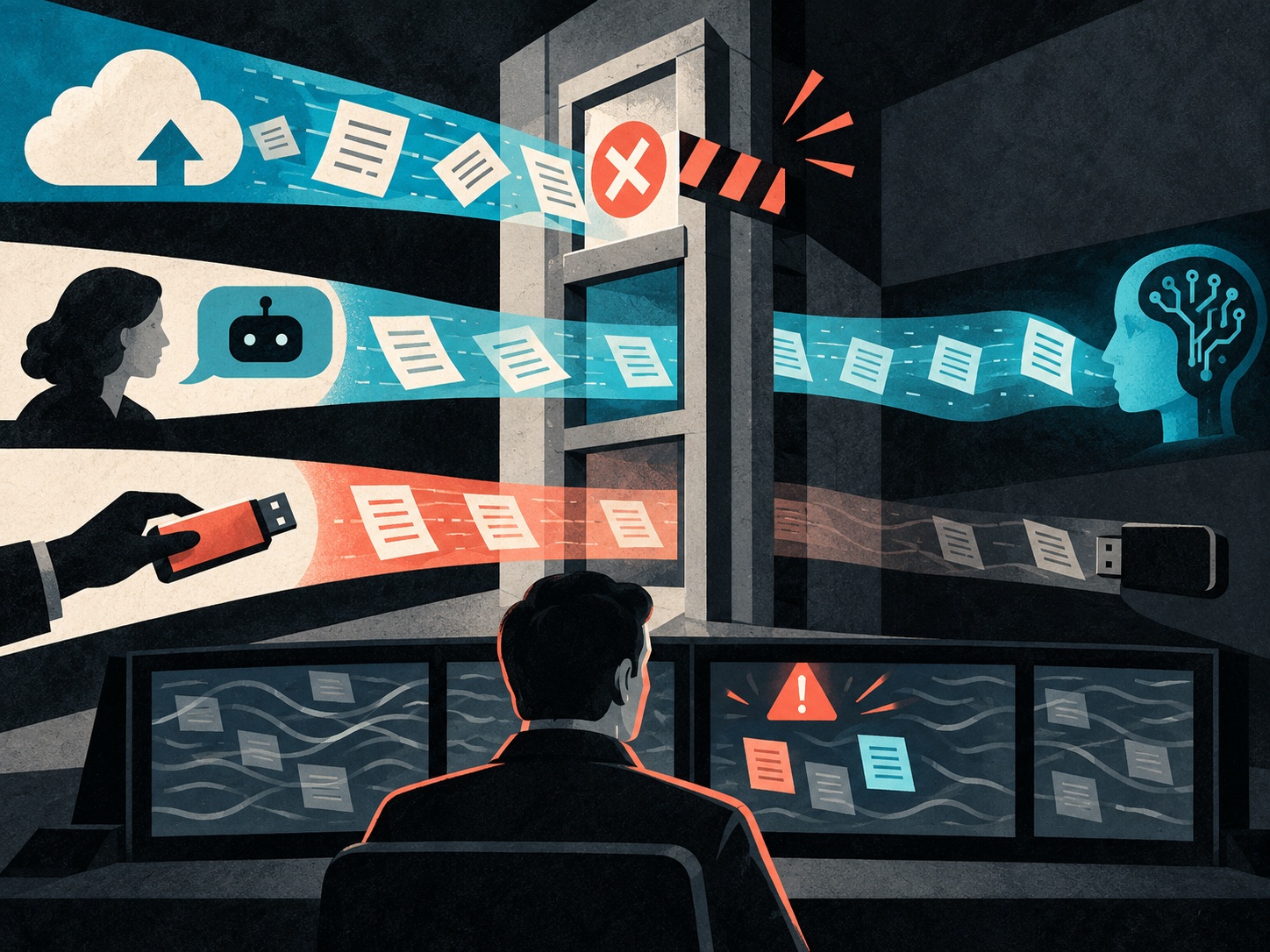 Three data paths pass a security control point: one blocked, one observed, and one moving through a noisy alert console.