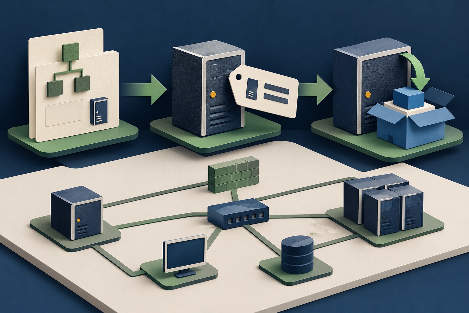 A Windows server passes through directory registration and domain join before its application package arrives.