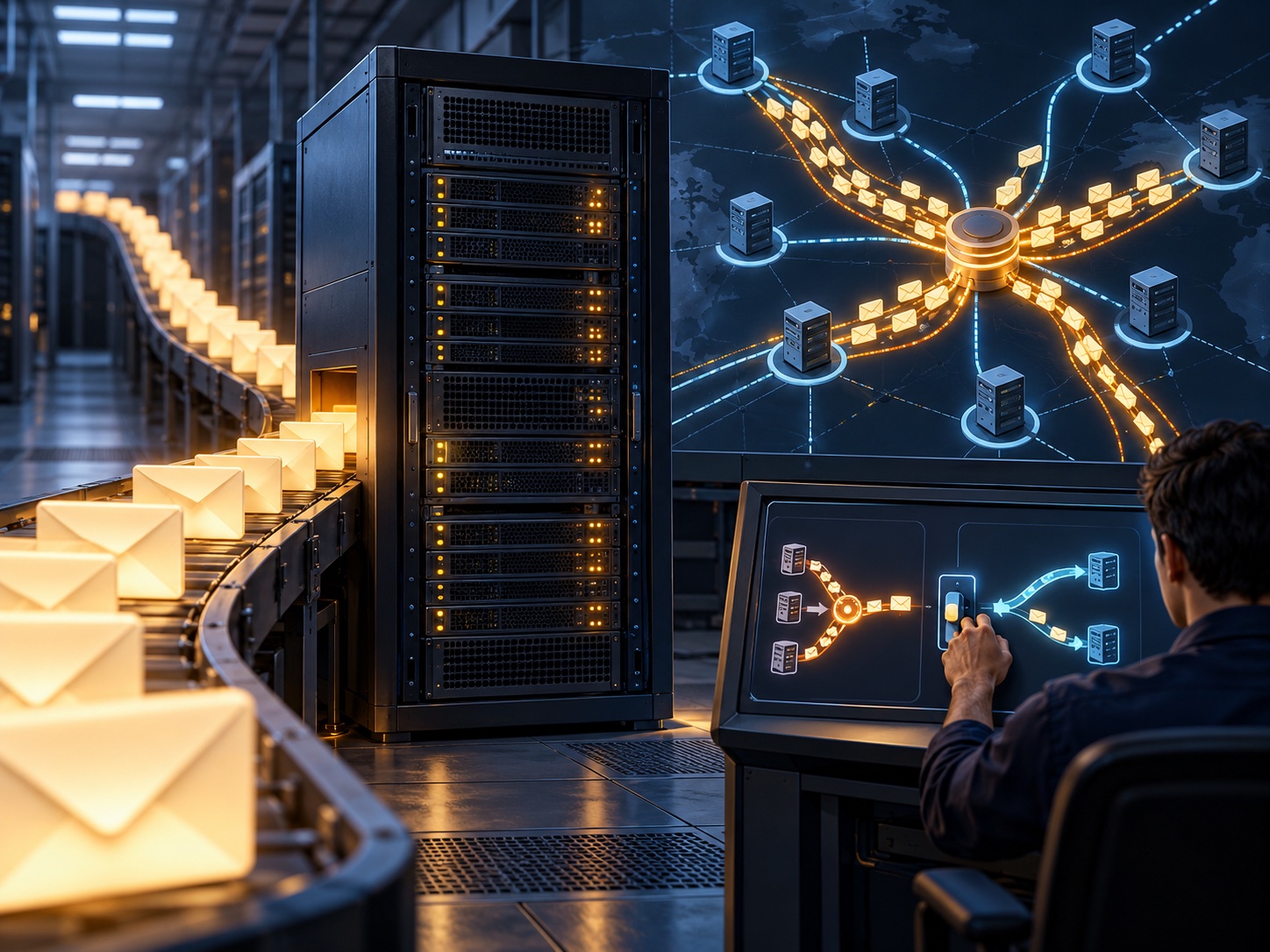 A mail server rack and growing queue of messages beneath a network junction under operational strain.