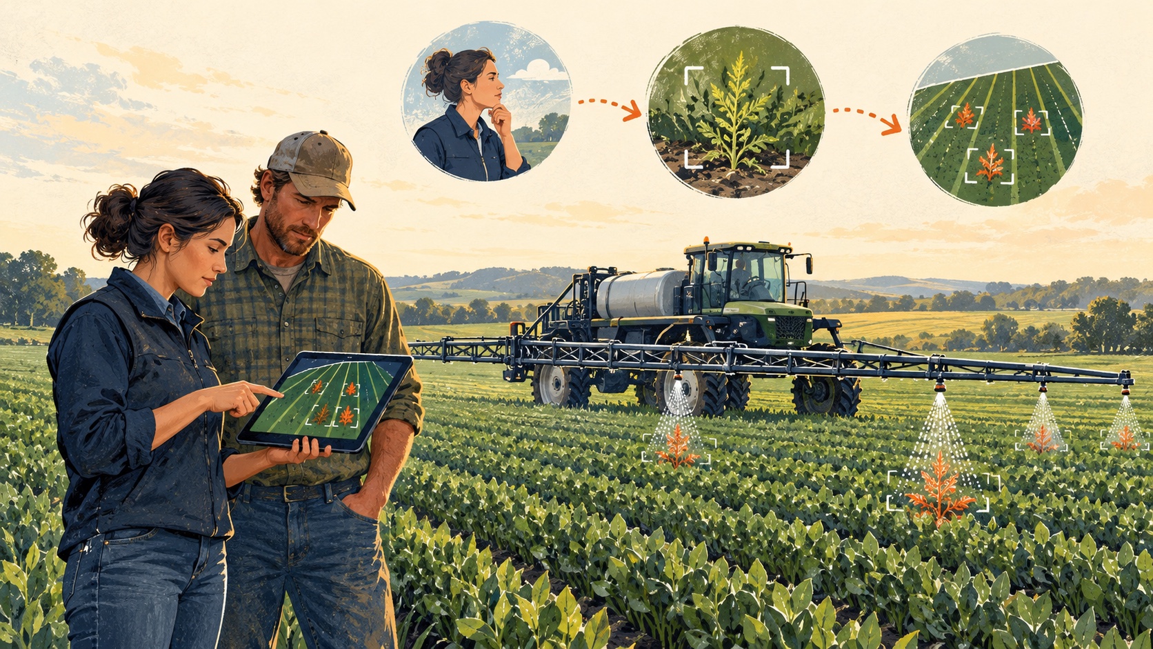 A farm operator and field engineer review targeted crop treatment and an AI-supported workflow in a field.