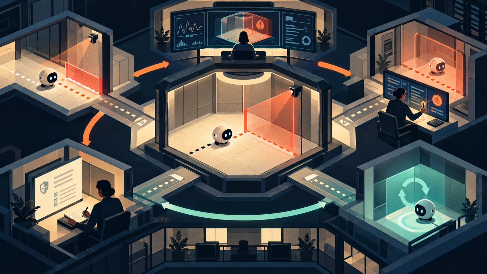 Conceptual illustration of an AI evaluation system passing through containment, investigation, recovery and reporting stages