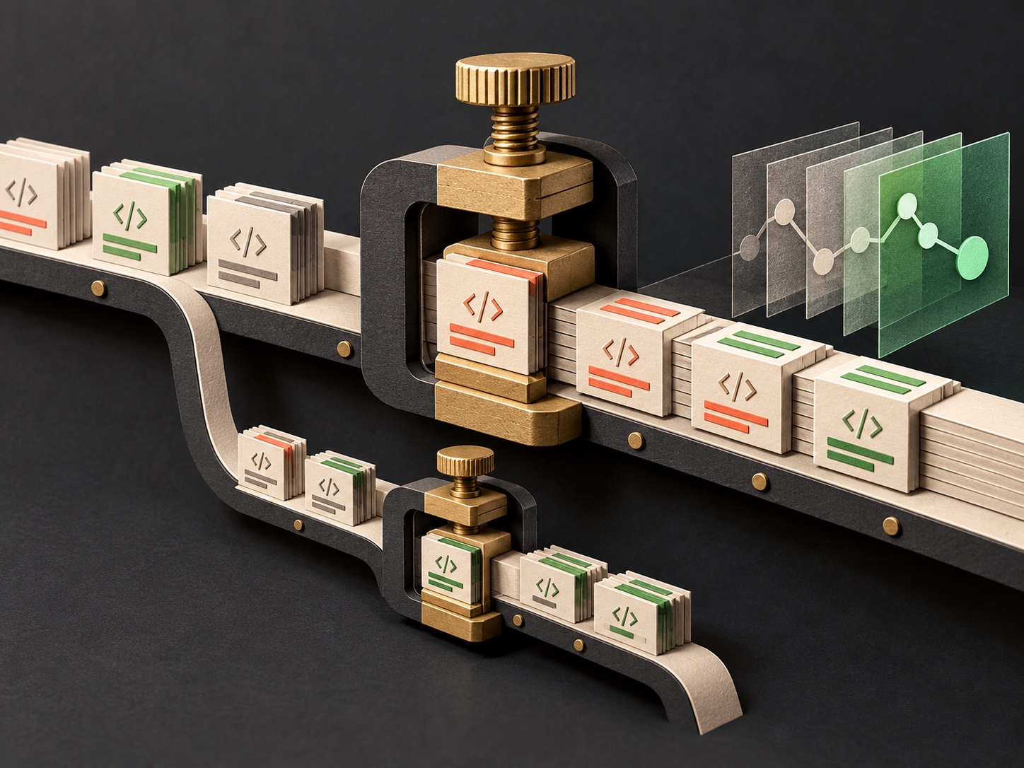 A workflow of code modules passes through a brass clamp that pins each dependency to a fixed revision.