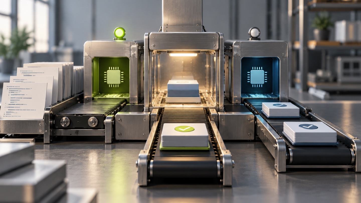 A build artifact moves through a central test station between separate Apple-silicon and Intel lanes