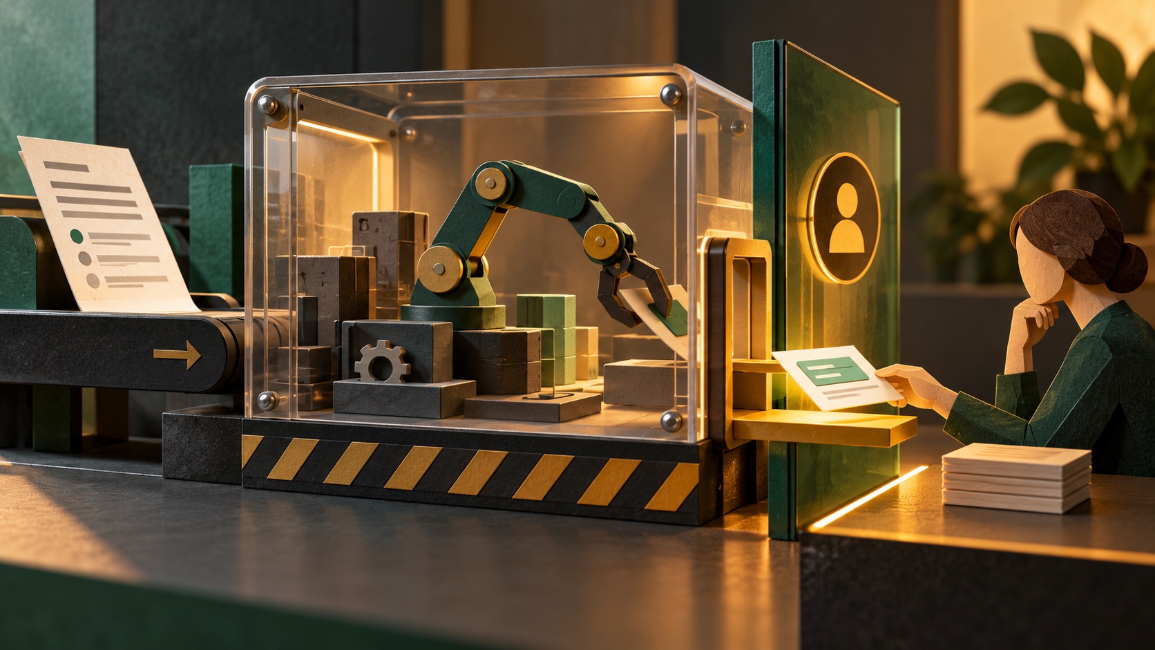 A written task passes through a constrained automation chamber, producing a proposed change that stops at a human review gate.
