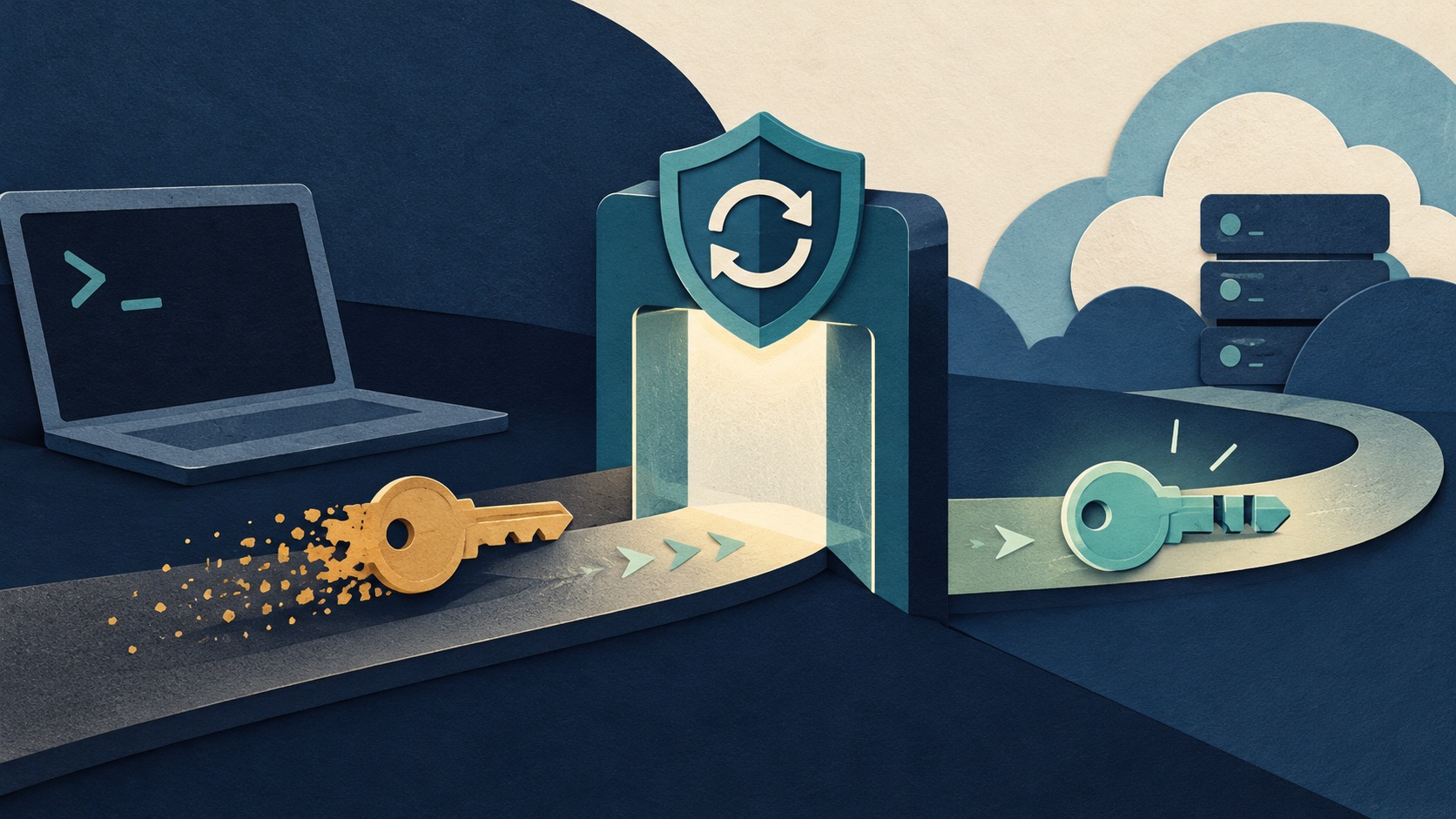A conceptual illustration of short-lived credentials passing through a controlled renewal checkpoint.