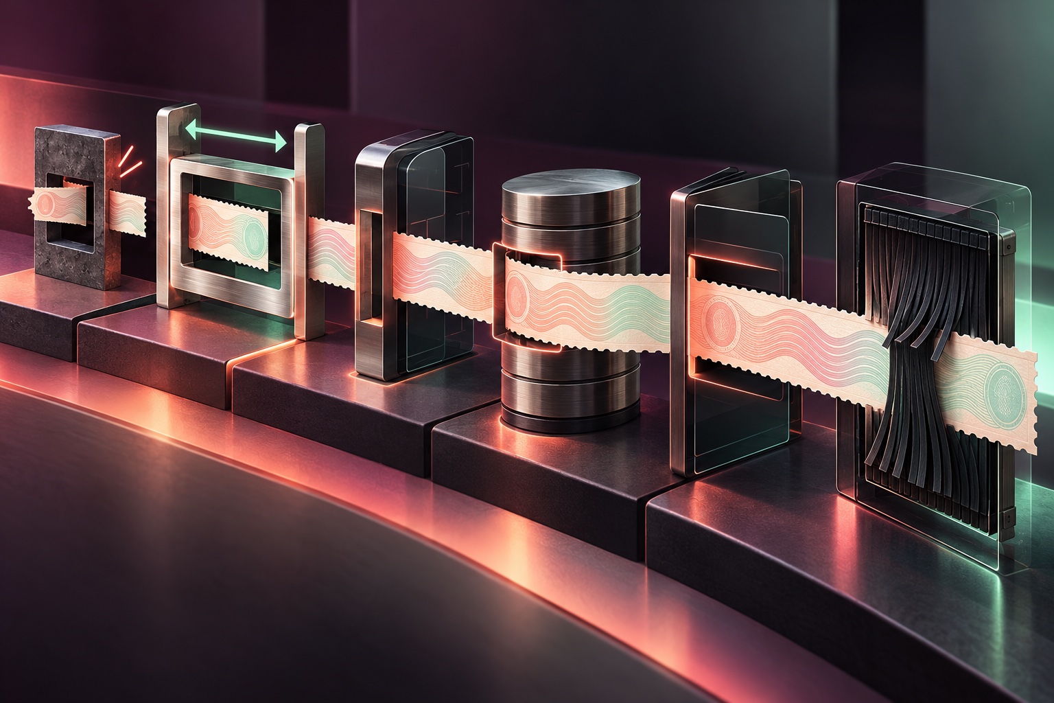 A long credential ribbon passes intact through a series of software handoffs while an undersized slot is replaced.