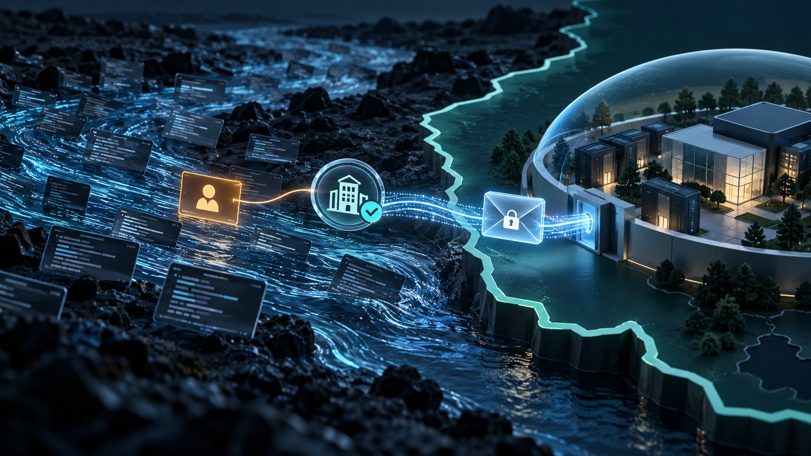 A public code stream is matched to an enterprise through a verified domain before an encrypted alert crosses a regional boundary.