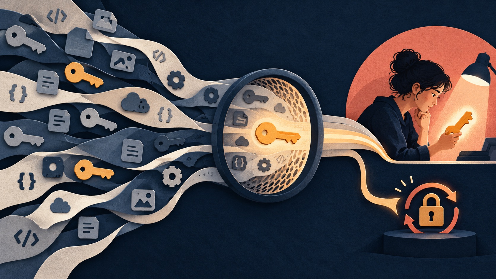 Credential-like code fragments pass through a classifier before a security reviewer receives an alert.