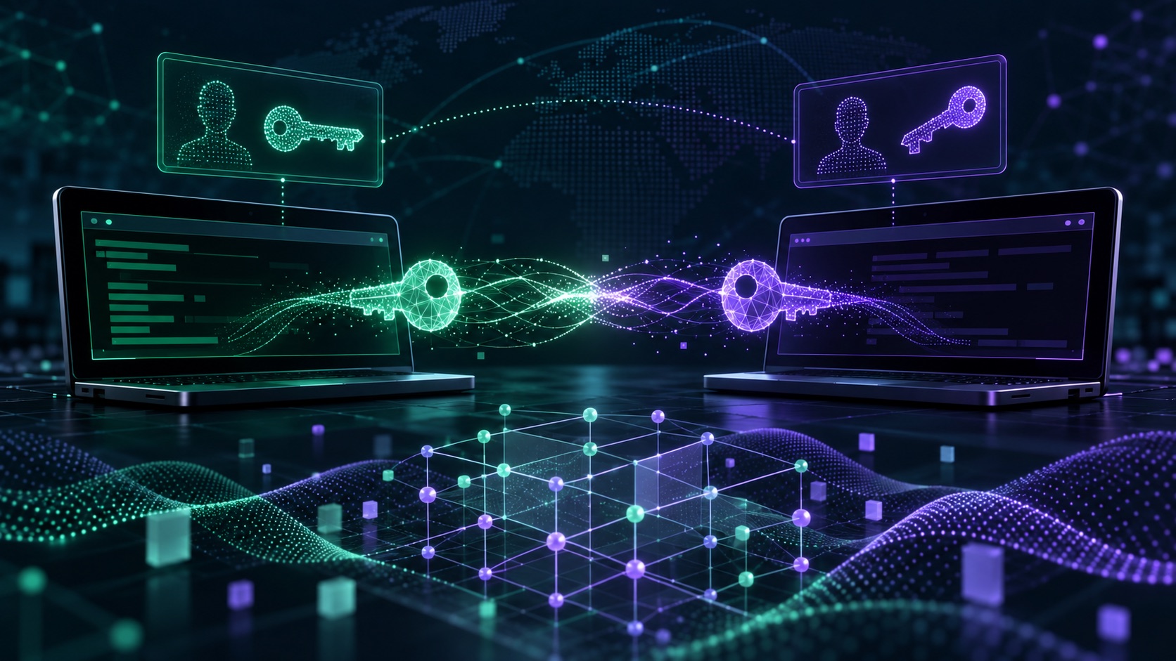 Two terminals exchange separate identity and session keys across a secure, post-quantum-inspired network.