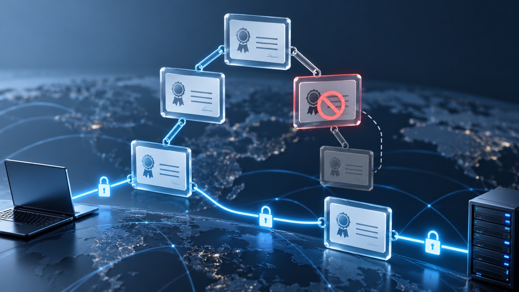 A TLS certificate chain routes around one blocked intermediate certificate while trusted links remain connected.