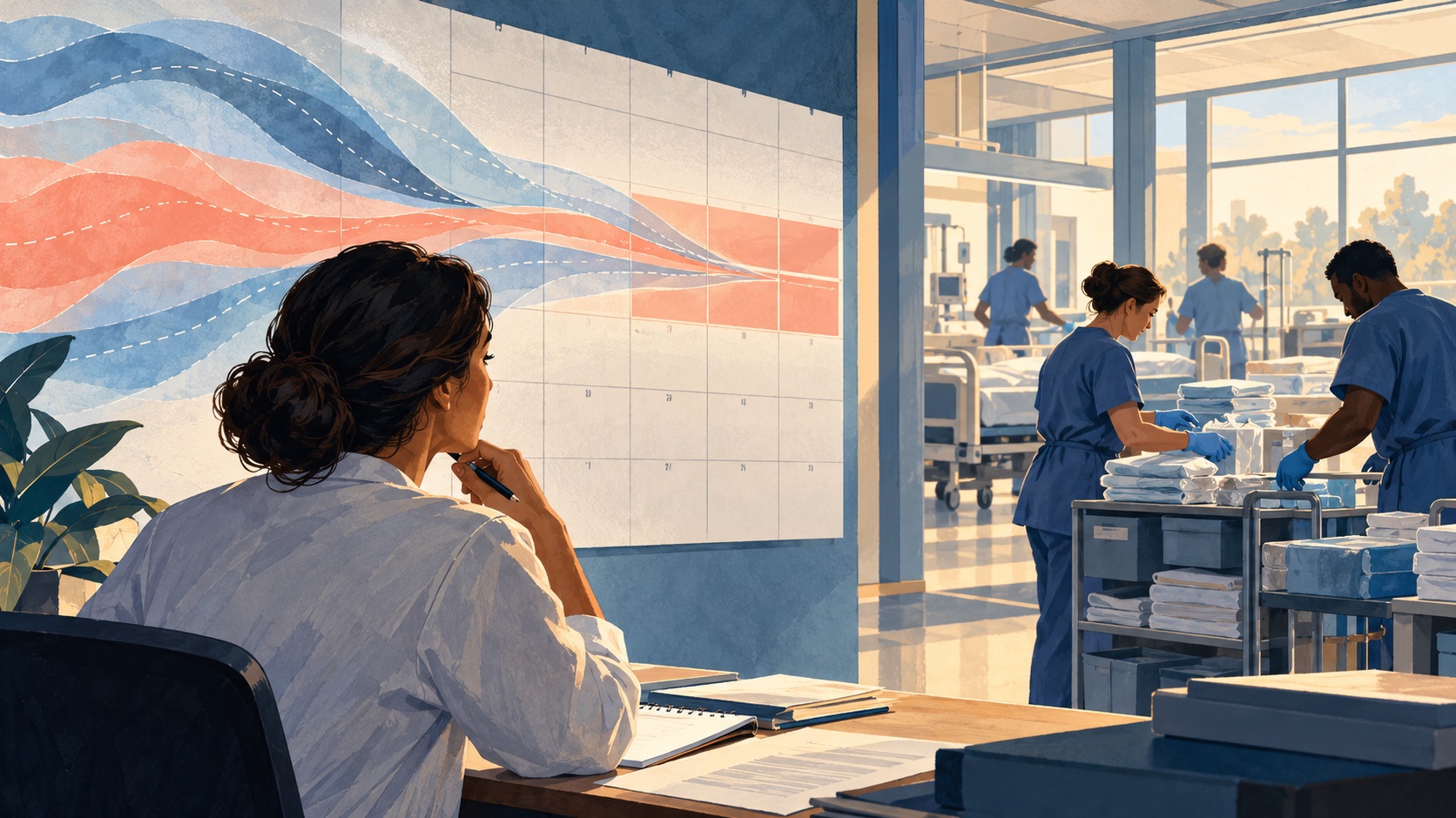 A hospital planner compares a range of possible admissions with staff preparing supplies for different demand levels.