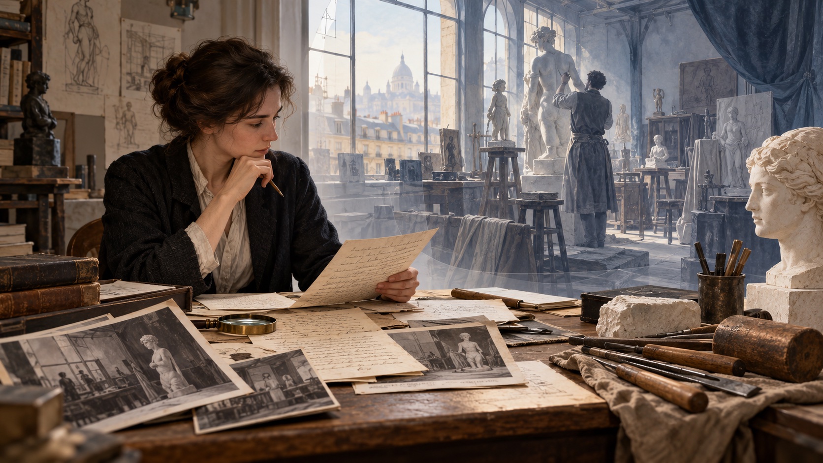 An art historian compares archival documents with a clearly imagined sculptor’s studio reconstruction.