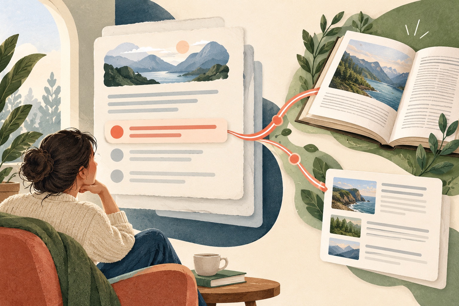 A reader follows a highlighted source link from a layered answer card to an open web article.