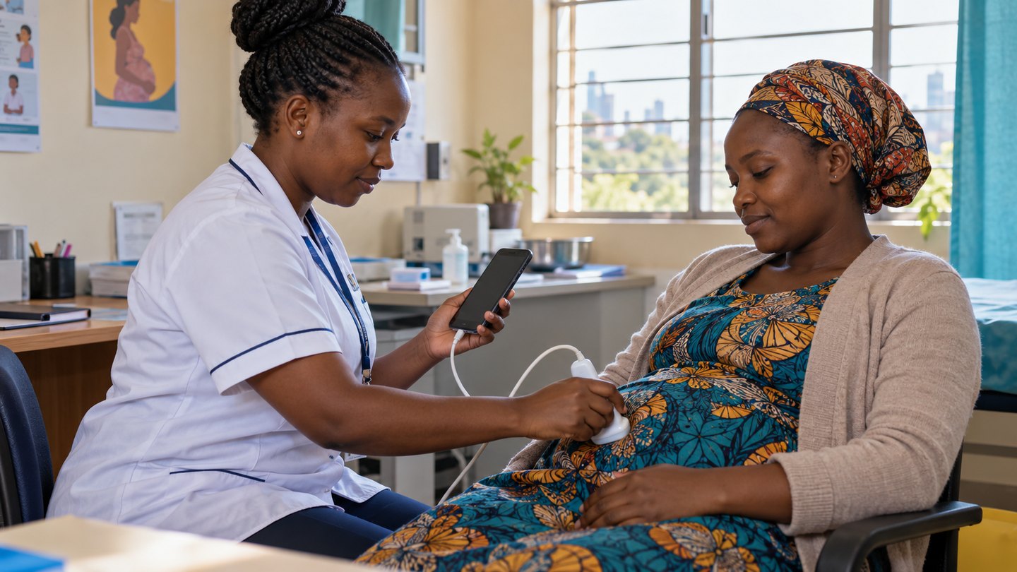A healthcare worker uses a handheld ultrasound probe during a prenatal visit in a clinic.