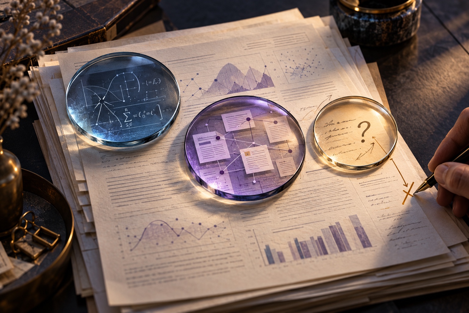 A technical manuscript is examined through a series of evidence lenses before an editor makes the final decision.