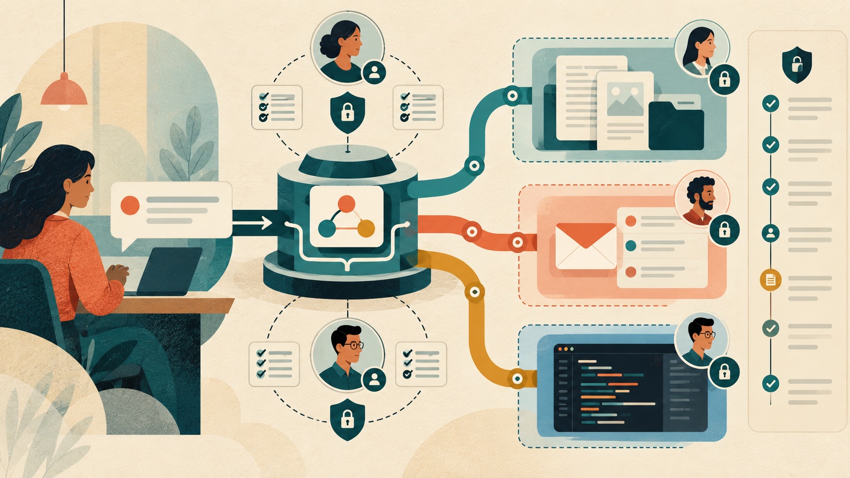 A work agent routes a request among document, inbox, and developer tools inside visible human-owned access boundaries.