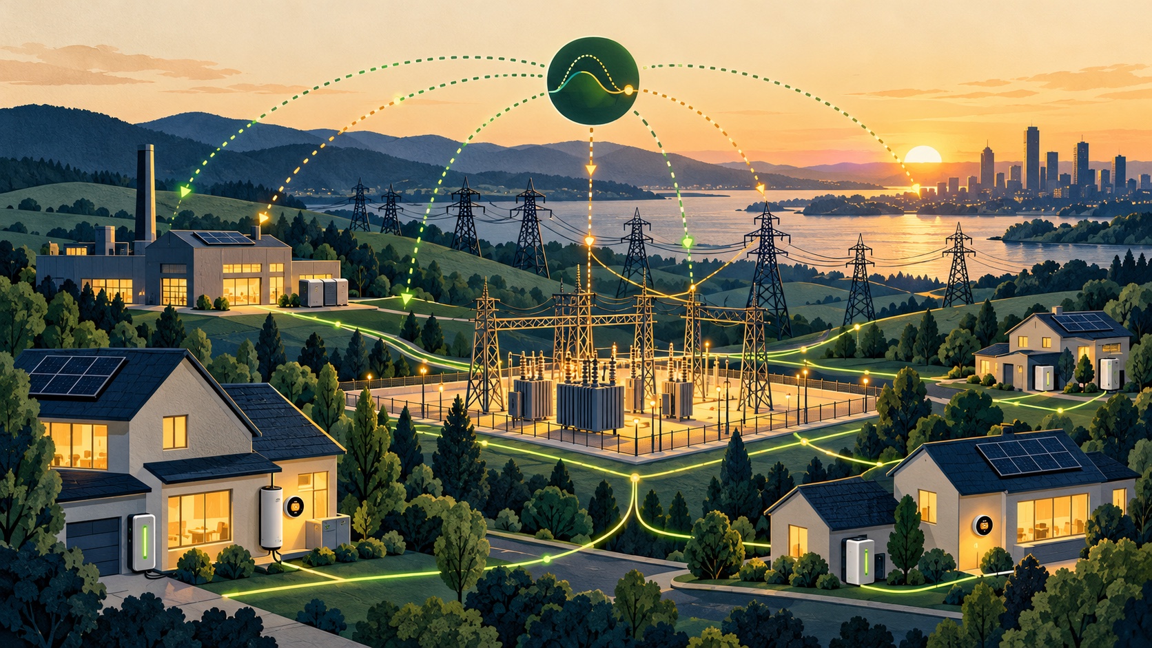 A conceptual grid links homes, batteries and a commercial facility through coordinated load management.