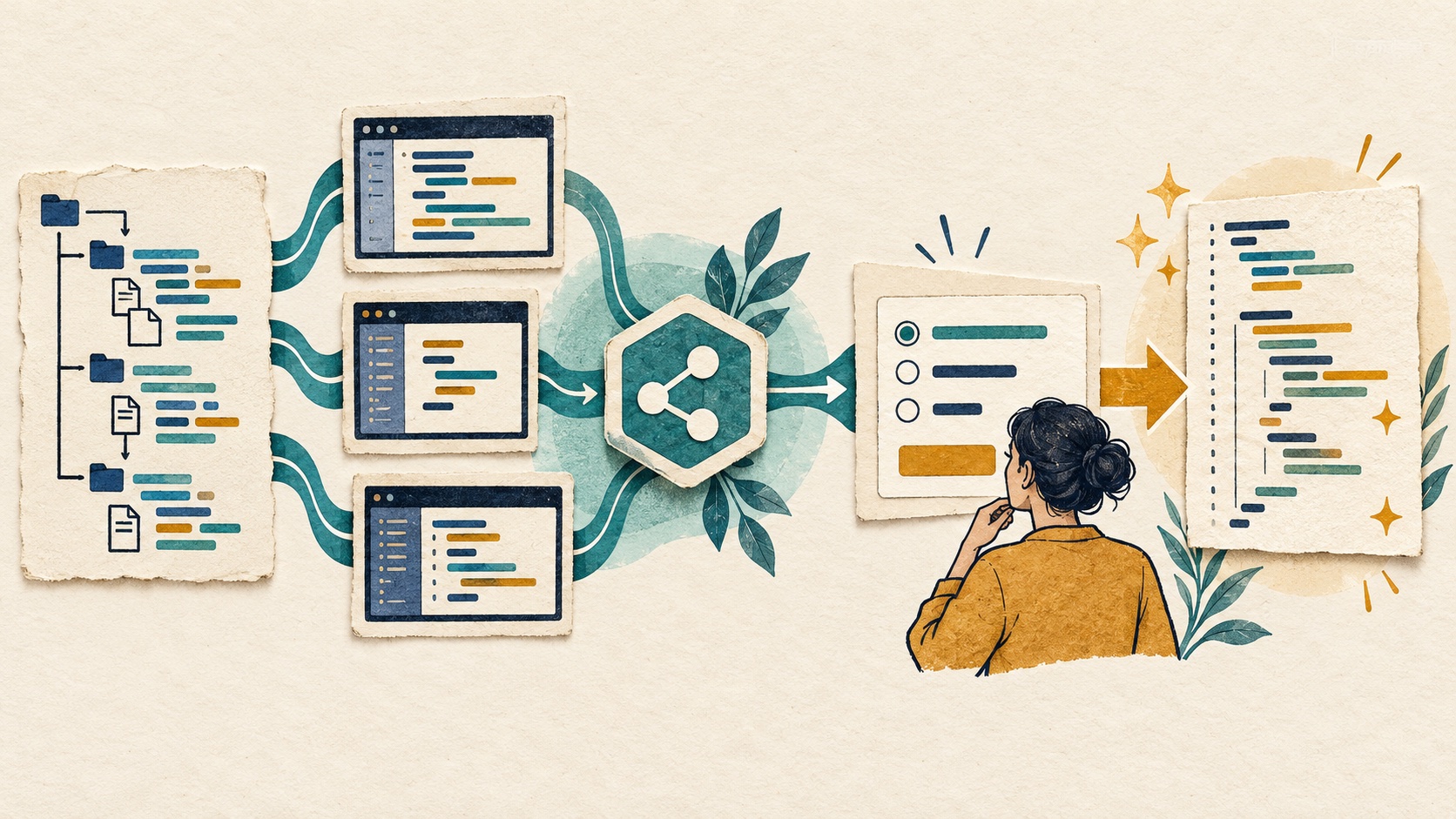 A language-service bridge connects multiple editor windows to a refactoring dialog and a transformed code page.