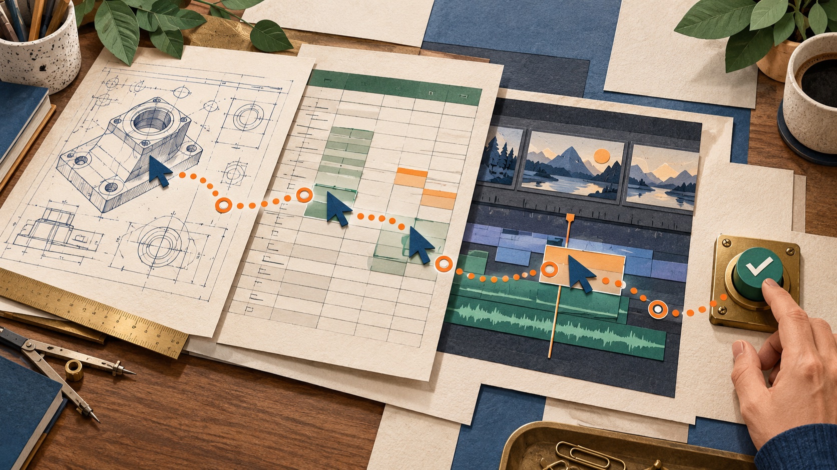 A conceptual cursor moves across a drawing, spreadsheet and video timeline before a person confirms the result.