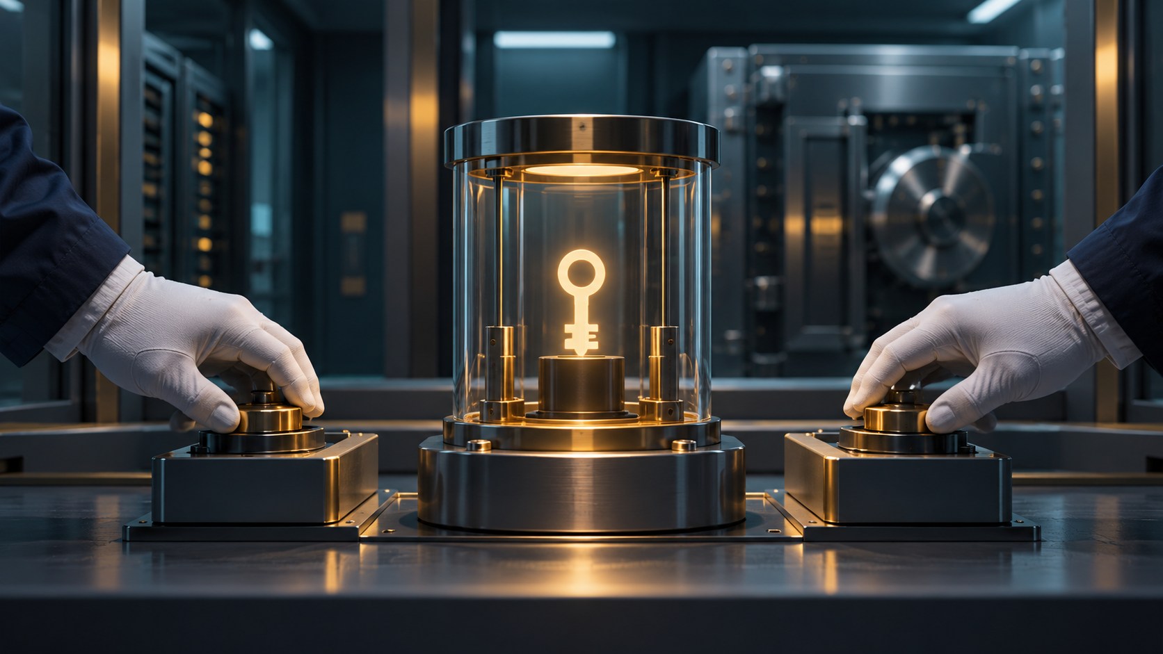 Conceptual secure-room key ceremony with two operators jointly authorizing a hardware-backed operation.