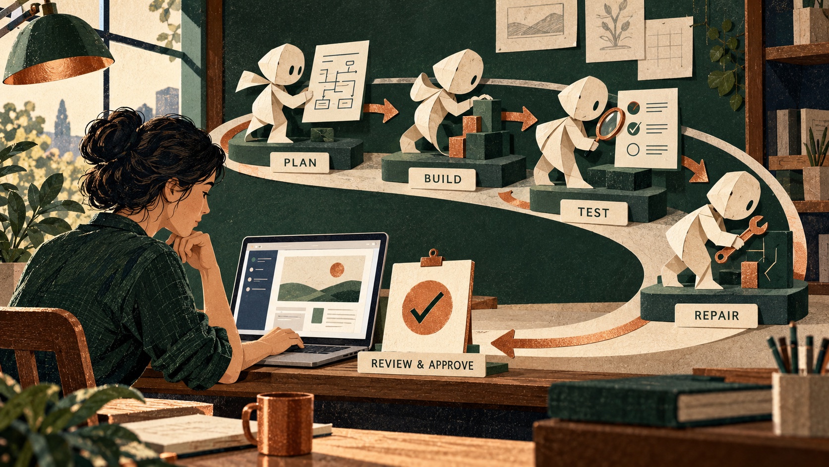 An engineer reviews an app as an abstract agent cycles through planning, building, testing and repair.