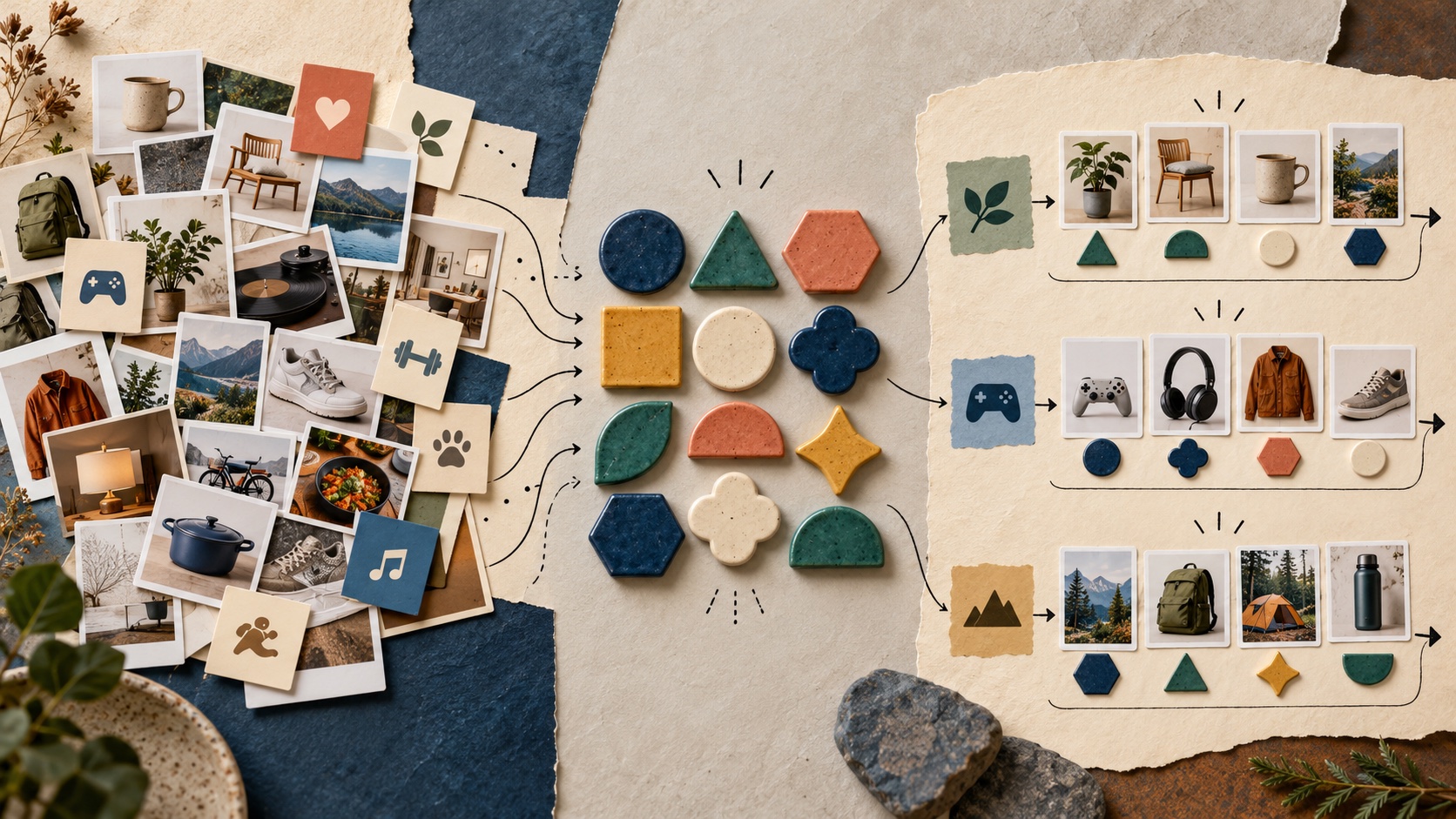 A varied set of product images becomes reusable colored tokens that form different recommendation paths.