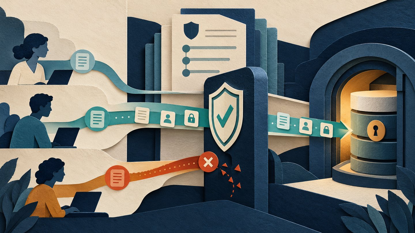 A permitted agent request crosses a shared policy checkpoint to reach a data store while a second request is blocked.