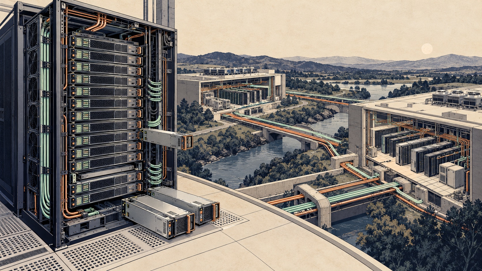 A conceptual multi-building compute campus shows a rack module with spare compute trays and redundant network paths.