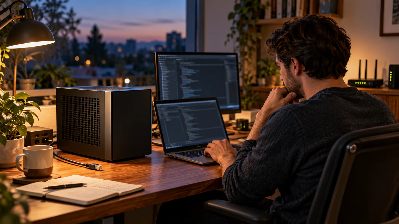 Conceptual photograph of a compact local AI development computer connected to a laptop on a developer’s desk