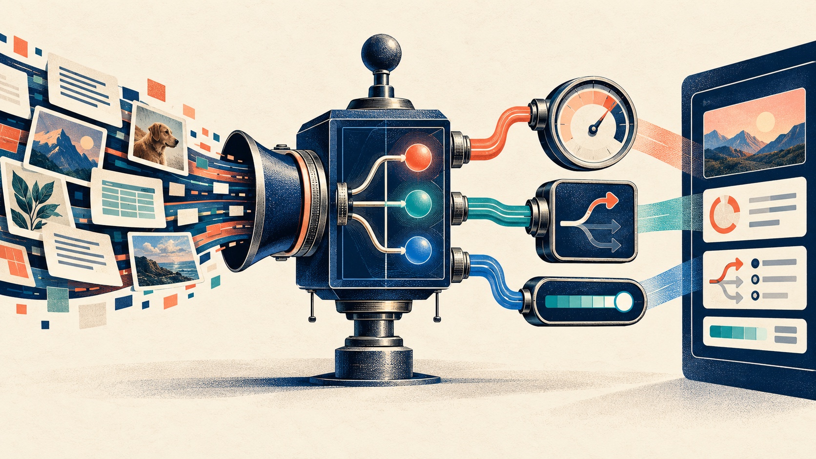 A conceptual decision engine routes mixed evidence into distinct typed outcomes.