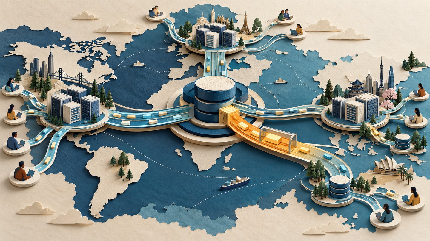 Regional data centers connect to a shared storage hub, with a separate capacity lane for selected hot data.
