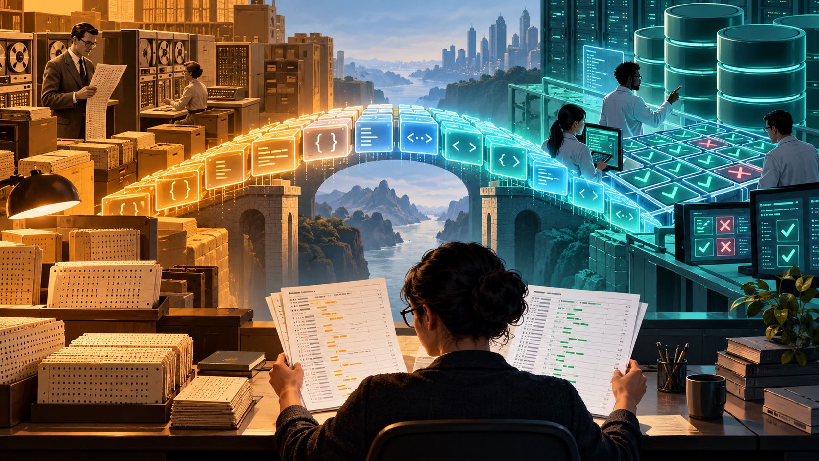 A code-and-test bridge between legacy business computing and a modern database, with an analyst comparing results.
