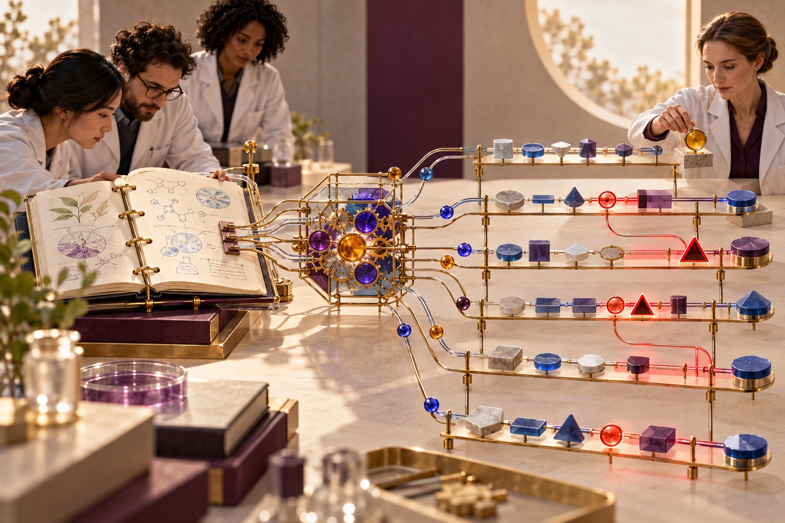 A scientific notebook feeds a network of dependent program steps while researchers review the decision points.