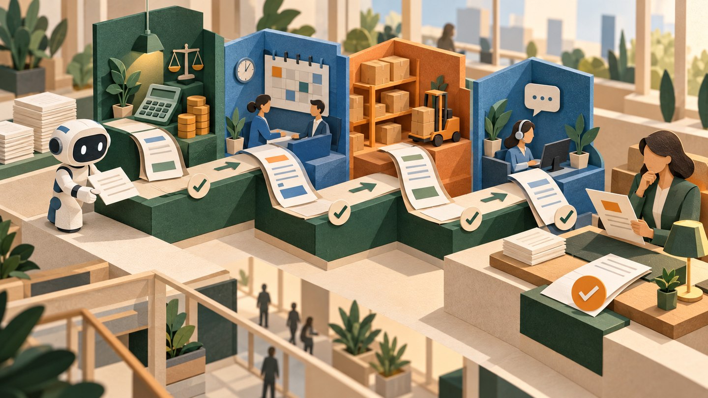 A paper workflow moves across finance, people, inventory and service stations before reaching a human checkpoint.