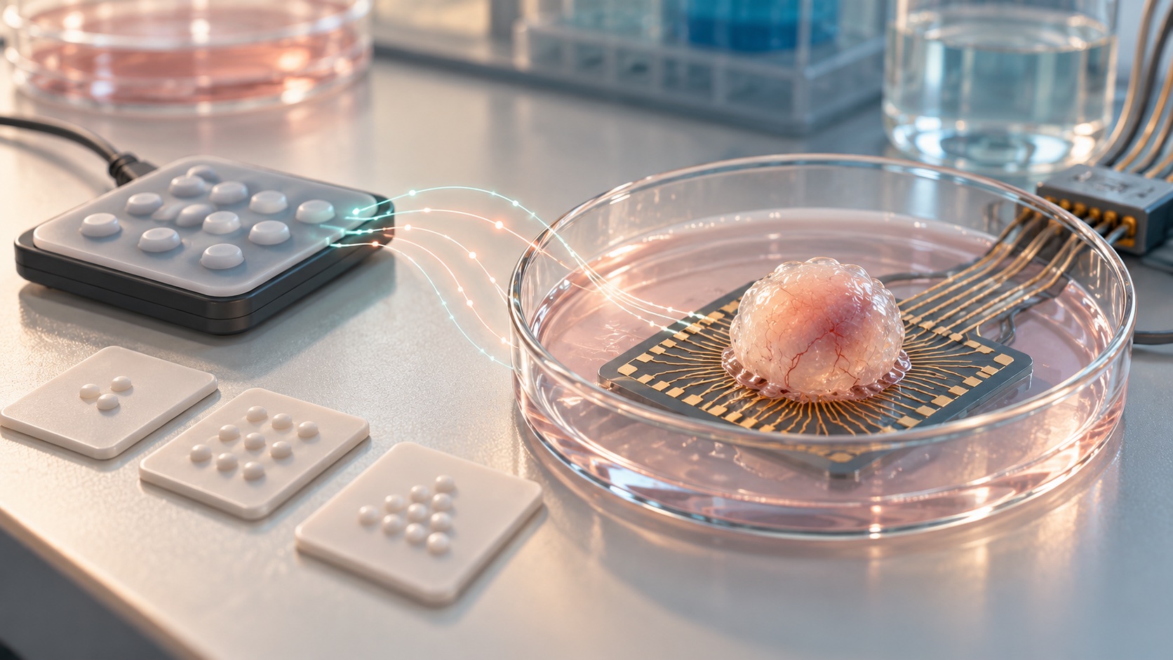 Conceptual organoid on an electrode array beside raised Braille dots, representing a tactile-pattern classification experiment.