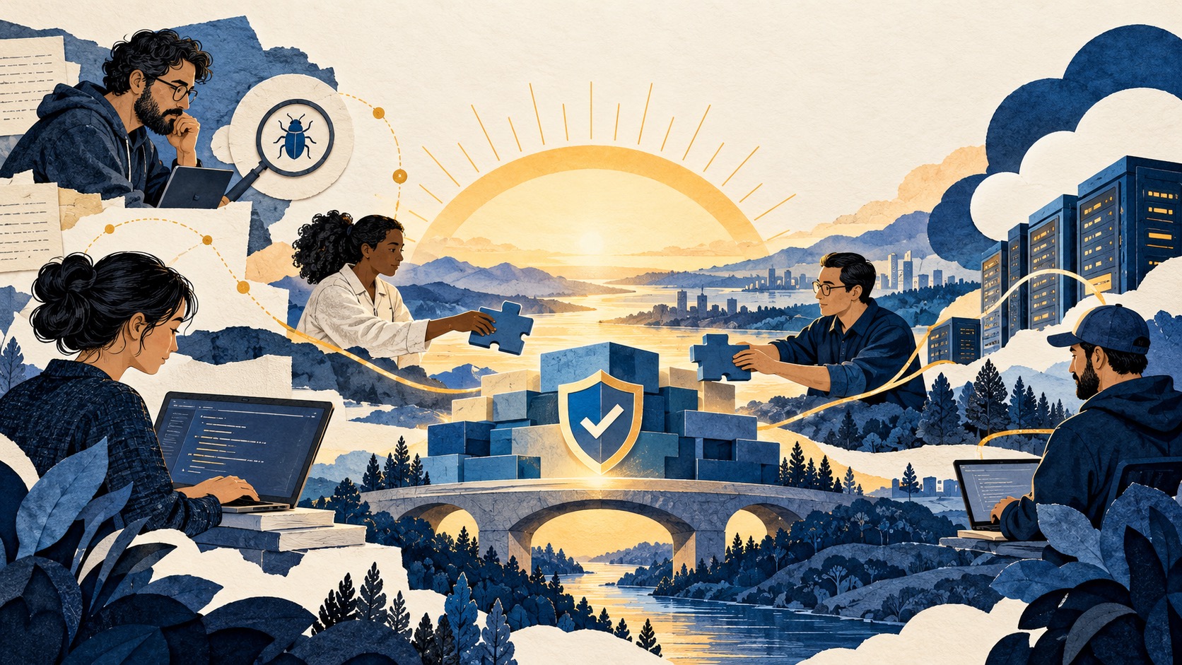 A conceptual relay among maintainers, security researchers and infrastructure operators around a repaired software foundation.