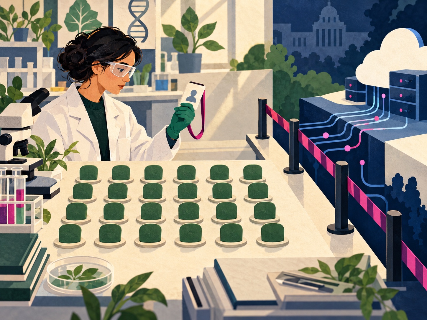 A life-sciences researcher reviews a lab access credential beside a finite set of seats and a separate blocked API route.