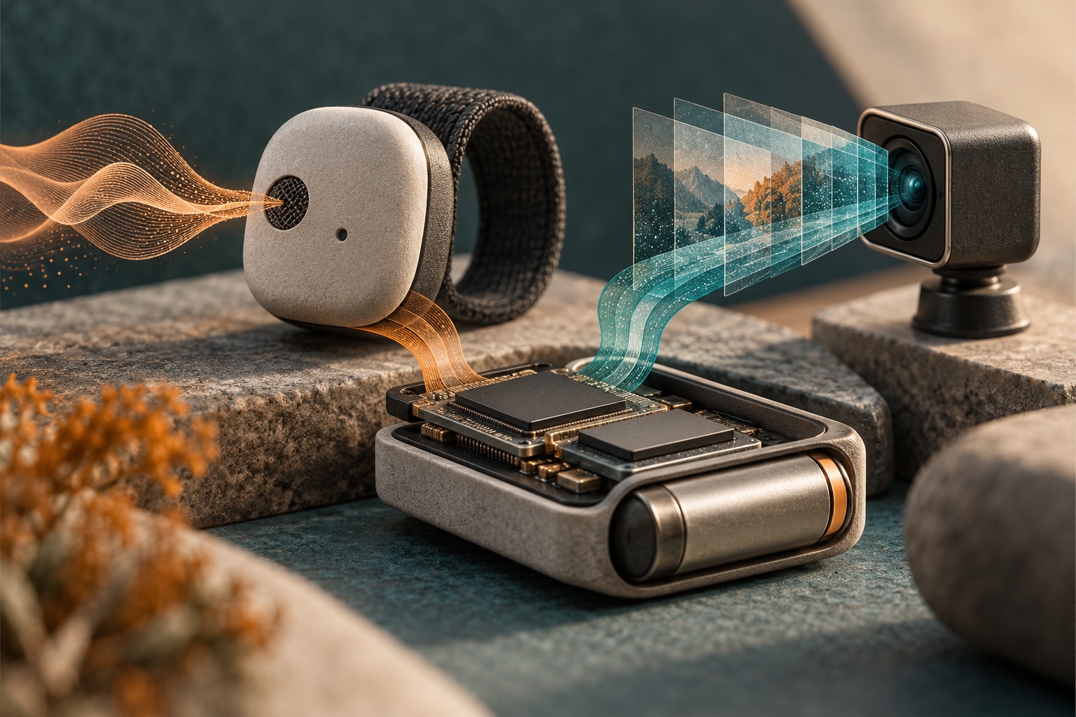 A compact wearable sensor and camera feed a local processor without sending their signals to a cloud service.