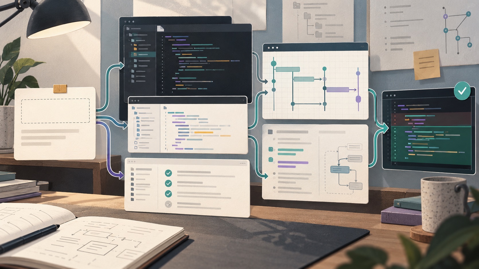 Abstract map connecting a software request, repository evidence, tests and a verified outcome.